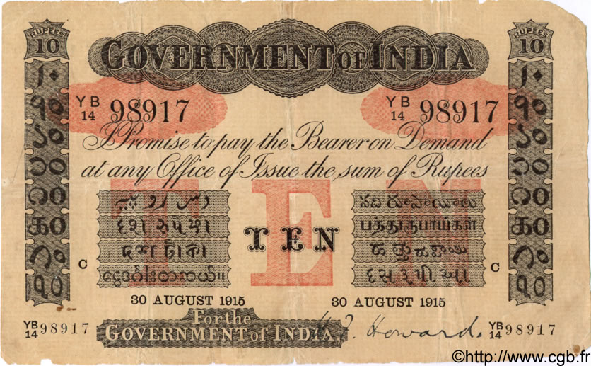 10 Rupees INDIA Calcutta 1915 P.A10e F+