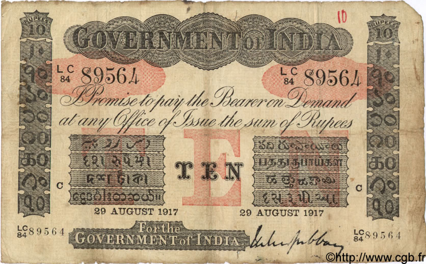 10 Rupees INDIA
 Calcutta 1917 P.A10f BC