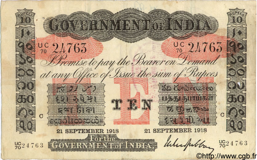 10 Rupees INDIA
 Calcutta 1918 P.A10f q.BB