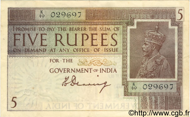 5 Rupees INDIA  1917 P.004a VF+