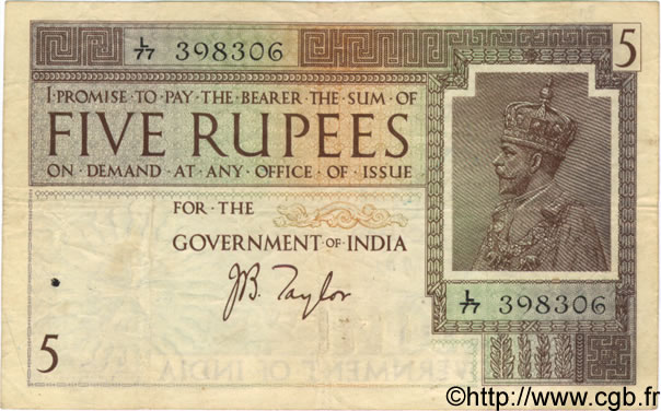 5 Rupees INDIA
  1917 P.004b MB a BB