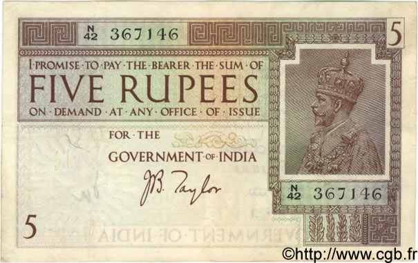 5 Rupees INDIA
  1917 P.004b BB