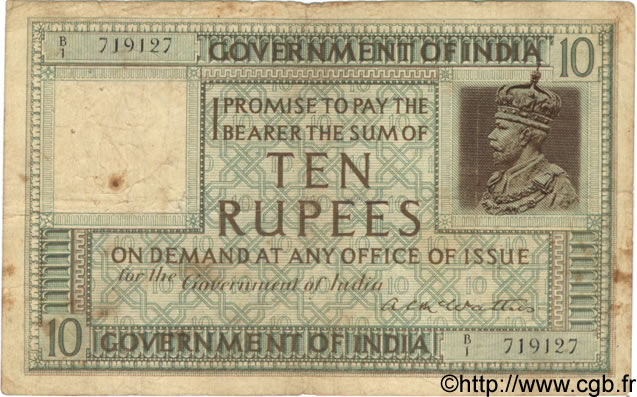 10 Rupees INDIA
  1917 P.005a RC+