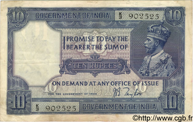 10 Rupees INDIA  1917 P.007b F+