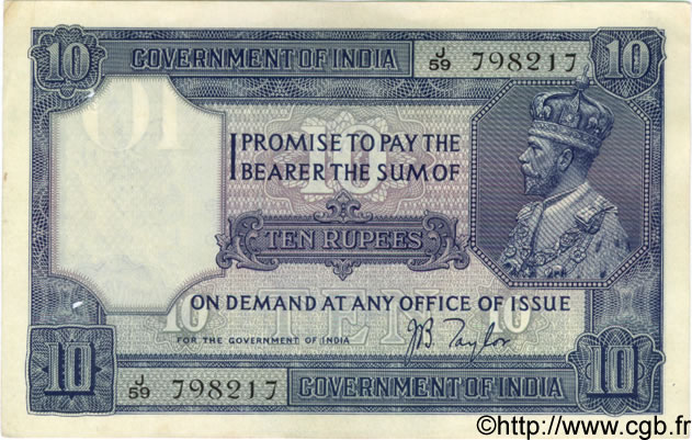 10 Rupees INDIA  1917 P.007b XF