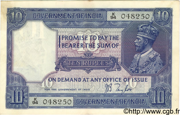 10 Rupees INDIEN
  1917 P.007b fVZ