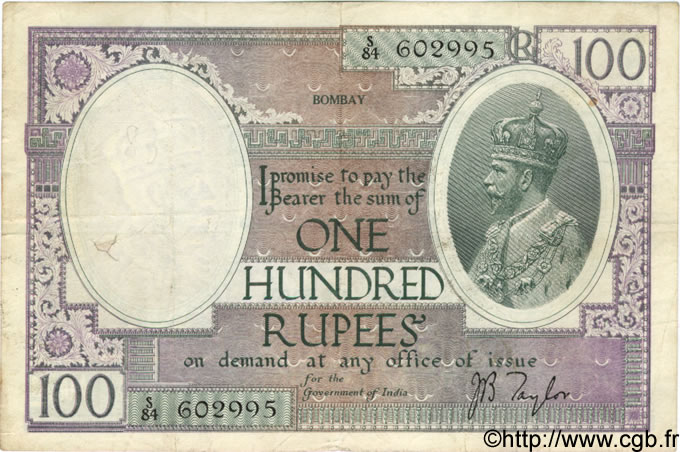 100 Rupees INDIA
 Bombay 1917 P.010b MB