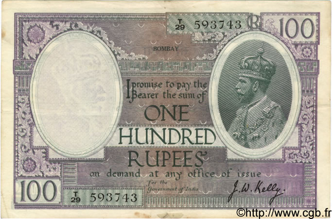 100 Rupees INDIA
 Bombay 1917 P.010c q.BB