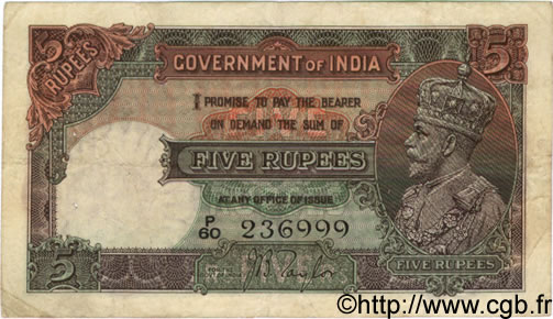 5 Rupees INDIA
  1928 P.015a BC
