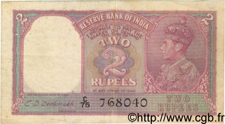 2 Rupees INDIA  1943 P.017b F+