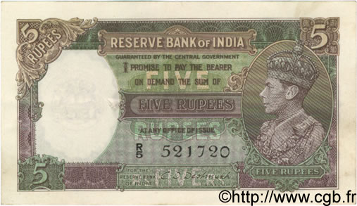 5 Rupees INDIA  1943 P.018b XF