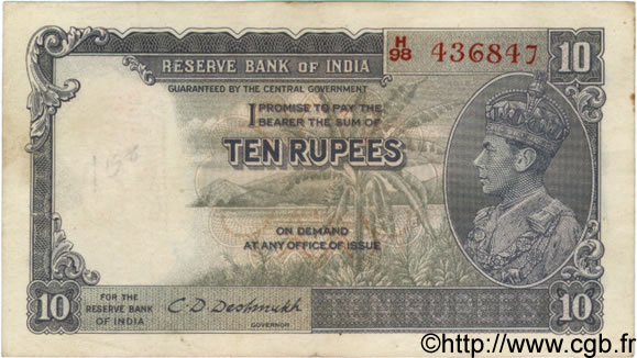 10 Rupees INDIA  1943 P.019b F
