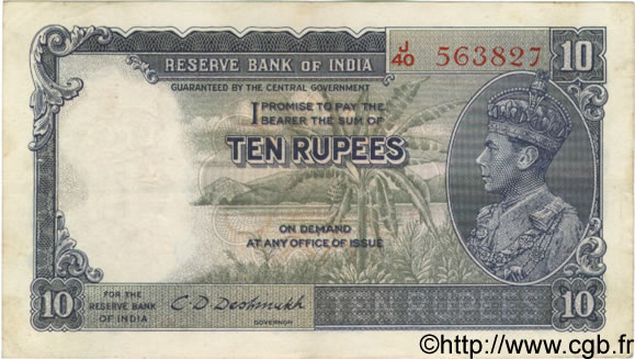 10 Rupees INDIA  1943 P.019b VF