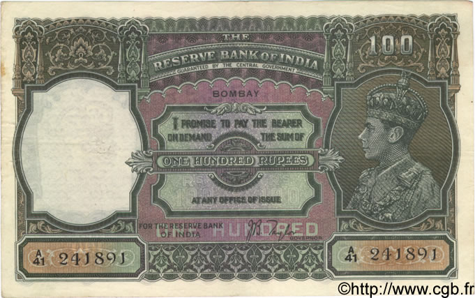 100 Rupees INDIA
 Bombay 1937 P.020a MBC