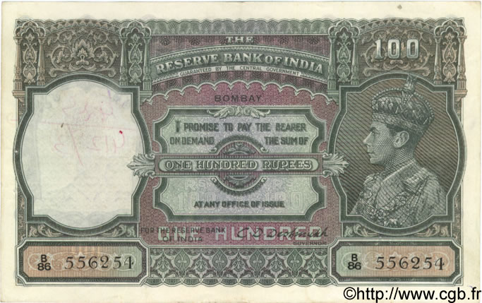 100 Rupees INDIA
 Bombay 1943 P.020c BB