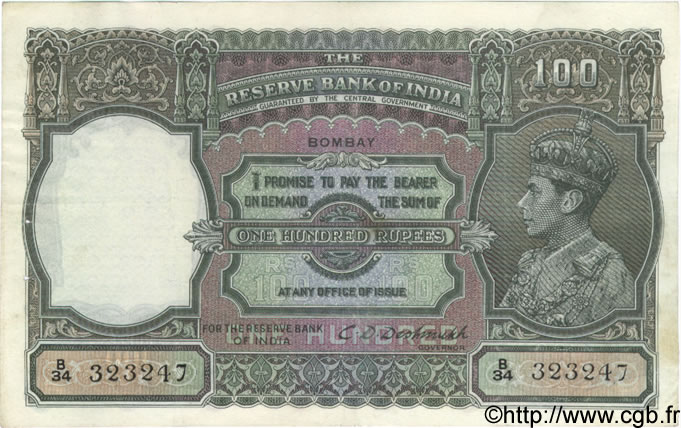 100 Rupees INDIA Bombay 1943 P.020b VF+