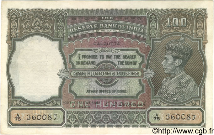100 Rupees INDIEN
 Calcutta 1943 P.020e fVZ