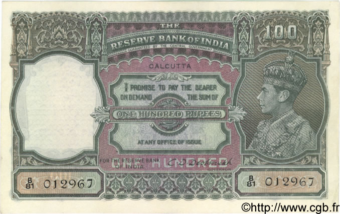 100 Rupees INDIA
 Calcutta 1943 P.020f q.SPL
