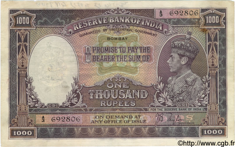 1000 Rupees INDIA Bombay 1937 P.021a F - VF