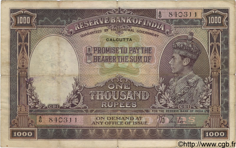 1000 Rupees INDIA Calcutta 1937 P.021b F