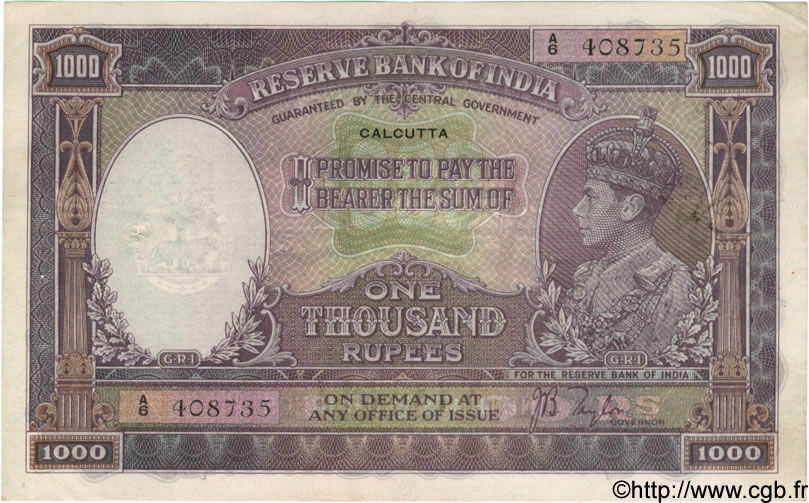 1000 Rupees INDIA
 Calcutta 1937 P.021b MBC+