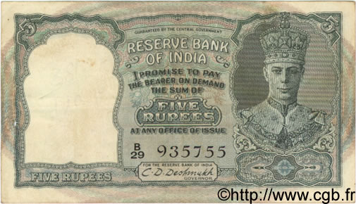 5 Rupees INDIA  1943 P.023a VF