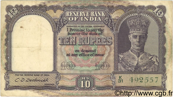 10 Rupees INDIEN
  1943 P.024 S to SS