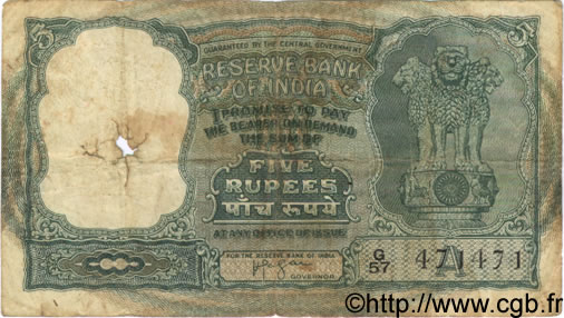 5 Rupees INDIA  1957 P.035b P