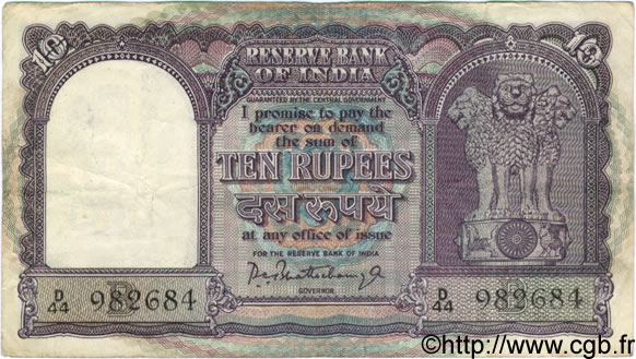 10 Rupees INDIA  1962 P.040b F - VF
