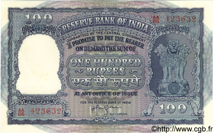 100 Rupees INDIA  1957 P.043b AU-