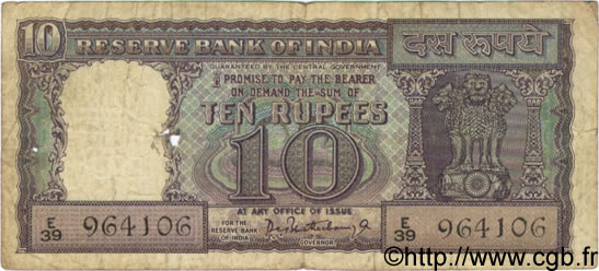10 Rupees INDIA
  1962 P.057a B a MB