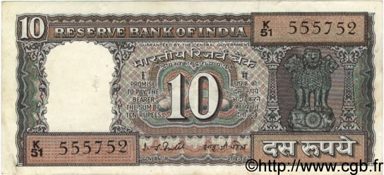 10 Rupees INDIA  1977 P.060f VF