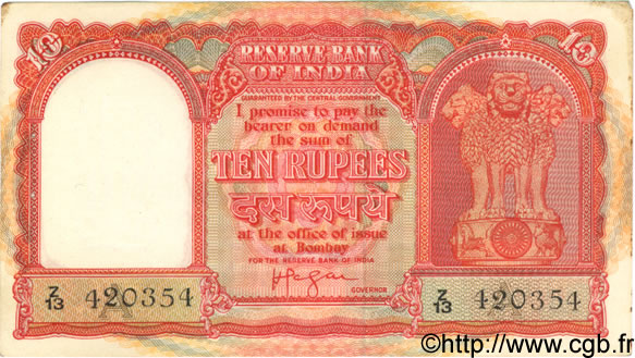 10 Rupees INDIA  1957 P.R3 XF-