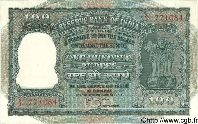 100 Rupees INDIA  1957 P.R4 XF
