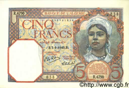 5 Francs ALGÉRIE  1940 P.077a NEUF