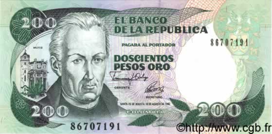 200 Pesos Oro COLOMBIA  1992 P.429e UNC
