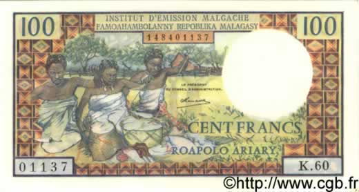 100 Francs - 20 Ariary MADAGASCAR  1966 P.057 NEUF