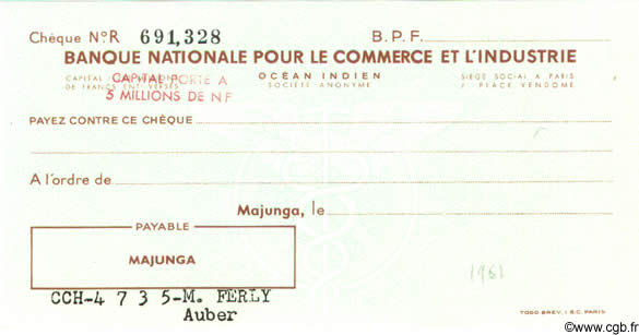 Chèque Non émis INDE FRANÇAISE  1960  NEUF