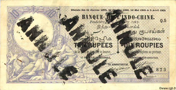 10 Rupees / 10 Roupies Spécimen INDE FRANÇAISE  1919 P.02bs TTB
