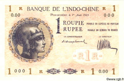1 Roupie - 1 Rupee Spécimen INDE FRANÇAISE  1923 P.04as NEUF