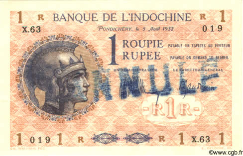 1 Roupie - 1 Rupee Spécimen INDE FRANÇAISE  1932 P.04cs SPL