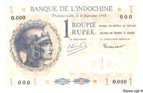 1 Roupie - 1 Rupee Spécimen INDE FRANÇAISE  1945 P.04ds NEUF