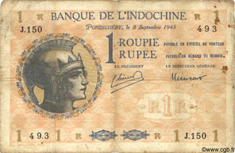 1 Roupie - 1 Rupee INDE FRANÇAISE  1945 P.04d B+