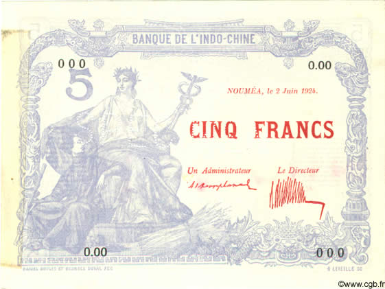 5 Francs Spécimen NOUVELLE CALÉDONIE  1924 P.19s SPL