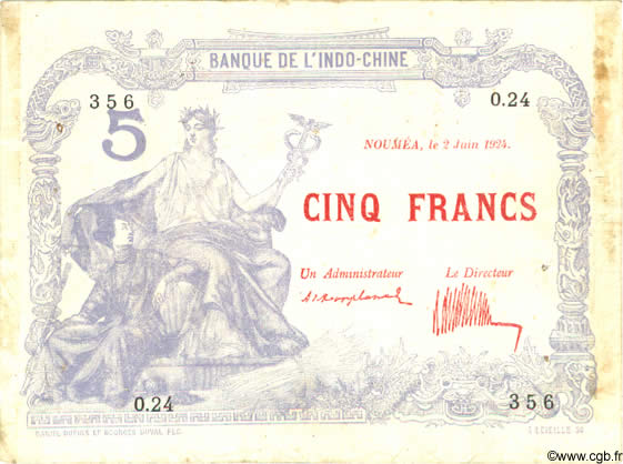 5 Francs NOUVELLE CALÉDONIE  1924 P.19 BB
