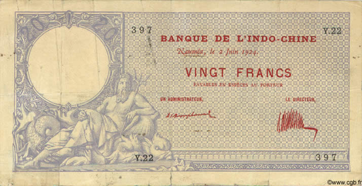 20 Francs NEW CALEDONIA  1924 P.20 F+