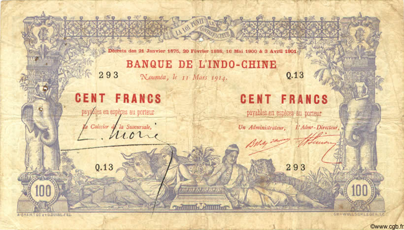 100 Francs NEW CALEDONIA  1914 P.17 F+