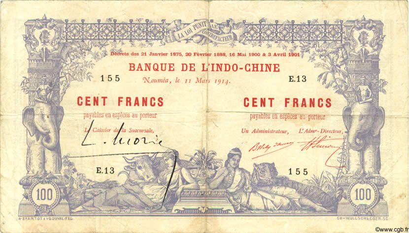 100 Francs NOUVELLE CALÉDONIE  1914 P.17 VG