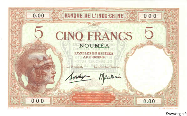 5 Francs Spécimen NOUVELLE CALÉDONIE  1940 P.36bs NEUF