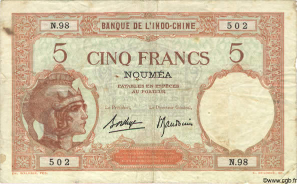 5 Francs NOUVELLE CALÉDONIE  1940 P.36b TB